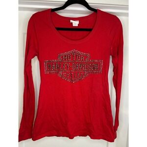 Harley-Davidson Womens Red Rhinestone Logo Long Sleeve Tee Sandhill NC Medium